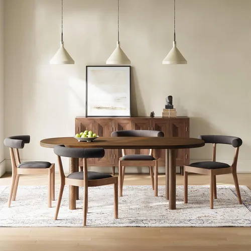 Miniatura 25 de Kmax Sillas de comedor de mediados de siglo, sillas de cocina de tela moderna con marco con acabado de nogal natural, respaldo curvado de lino, beige