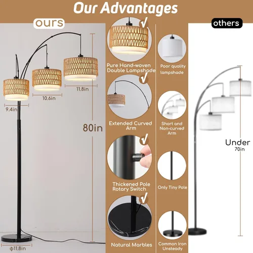 Miniatura 3 de Lámpara de pie de ratán para sala de estar, lámpara de pie boho de 80 pulgadas de altura con interruptor giratorio, lámpara de arco de 3 luces