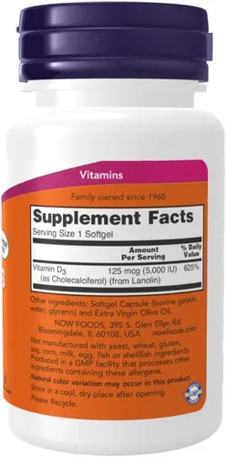Miniatura 2 de Complejo vitamínico Now Foods, Vitamina D3 5000 UI, 240 cápsulas blandas, 2