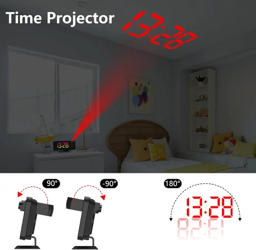 Miniatura 2 de Reloj despertador de proyección para techo de dormitorio, proyector giratorio de 180°, espejo RGB de 7.4 pulgadas, pantalla digital LED, alarma dual