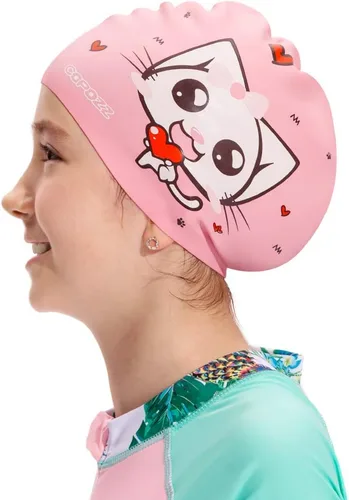 Miniatura 8 de COPOZZ Gorros de natación para niños, de silicona, impermeable, cómodo, gorro de natación para cabello largo y corto Gatito rosa-5-12 años