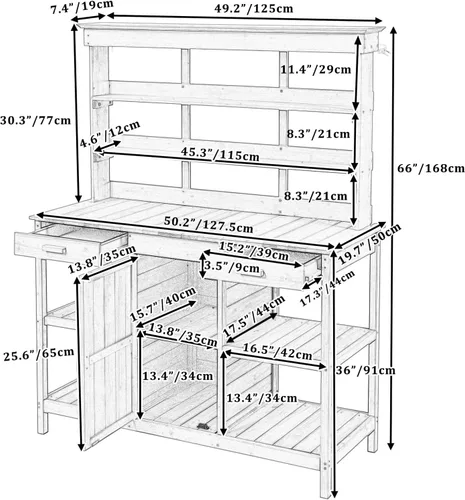 Miniatura 2 de Mesa Grande para Macetas de Exterior de 66" con 2 Cajones, Gabinete, Estantes Abiertos, Banco de Madera para Macetas para Jardín, Patio, Casa