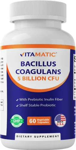 Vitamatic Bacillus Coagulans Suplemento probiótico estable - Promueve la salud digestiva gastrointestinal - 60 cápsulas vegetales - Sobrevive a los