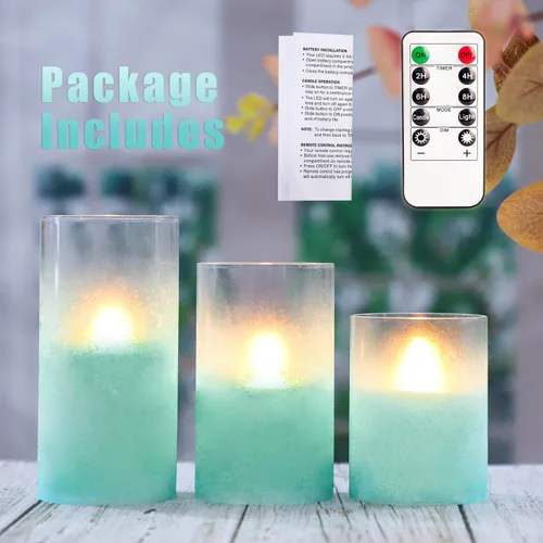 Miniatura 6 de Velas azules sin llama con control remoto de vidrio aguamarina hechas a mano, velas de chorro de arena que funcionan con pilas, velas LED