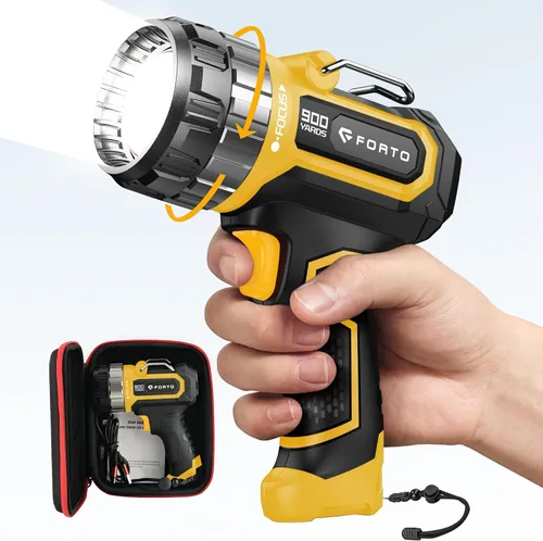 FORTO Foco recargable de 1400 lúmenes - Linterna LED de mano con zoom, batería de 8 horas, haz de 2700 pies, enfoque ajustable y soporte para