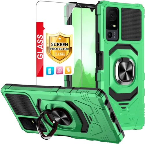 Miniatura 11 de TJS Funda para TCL 40 XL y T608DL, Lively Jitterbug Smart4 - Protector de pantalla de vidrio templado, soporte de metal resistente contra caídas Rojo