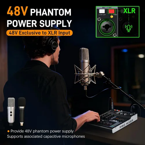 Miniatura 4 de RM04 - Mezclador de audio de 4 canales, mezclador Bluetooth, interfaz de audio USB, mezclador DJ con 2 entradas combinadas XLR, grabación de 24 bits