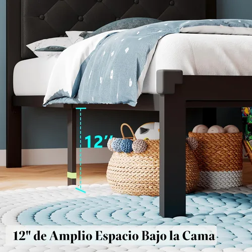 Miniatura 5 de iPormis Marco de cama de metal tamaño individual, marco de cama de plataforma de piel sintética con cabecero copetudo con botones, espacio debajo