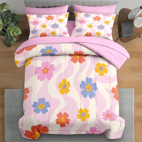 Pamnest Juego de edredón tamaño individual, ropa de cama retro de 5 piezas para niños y adultos, juego de sábanas con estética hippie para niños con