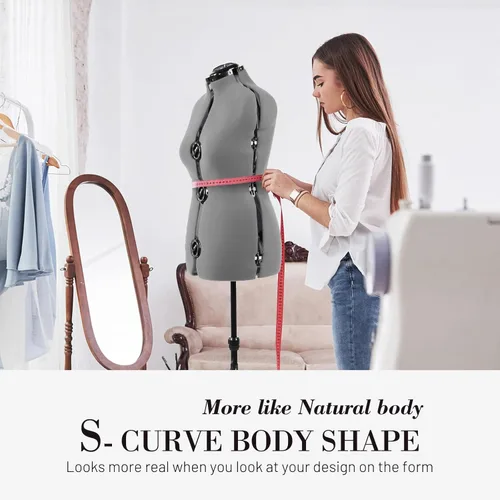 Miniatura 6 de Formas de vestido para costura, maniquí femenino gris ajustable talla 6-14, cuerpo de modelo que se puede sujetar con alfileres con 13 diales y guía
