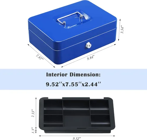 Miniatura 6 de xydled Caja fuerte grande de acero con cerradura con bandeja extraíble para monedas y cerradura de llave, 9.84"x 7.87"x 3.54" pulgadas, azul