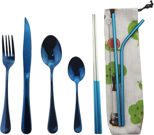 Miniatura 8 de Utensilios reutilizables plateados con estuche, saludables y ecológicos, juego de vajilla portátil de acero inoxidable de 8 piezas, juego de vajilla