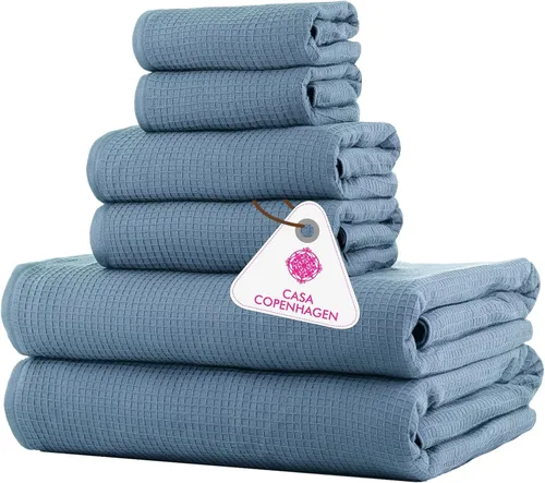 Miniatura 109 de CASA COPENHAGEN Juego de 6 toallas de palomitas de maíz, color azul polvoriento, 21.16 oz/m², 2 toallas de baño, 2 toallas de mano y 2 toallas