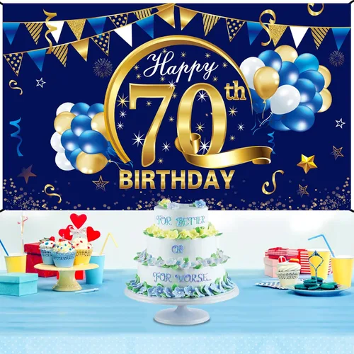 Miniatura 4 de Decoración de Telón de Fondo de Cumpleaños Feliz 70 para Hombres, Fondo de Cumpleaños 70 Azul Dorado, Suministros de Fiesta, Cartel de Fondo de Foto