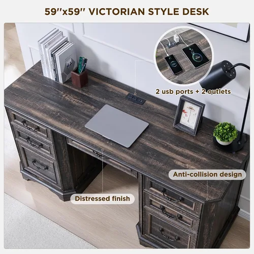 Miniatura 5 de T4TREAM Escritorio Ejecutivo de Granja de 150 cm con Cajones, Escritorio de Madera para Oficina en Casa y Ordenador, Incluye Bandeja para Teclado