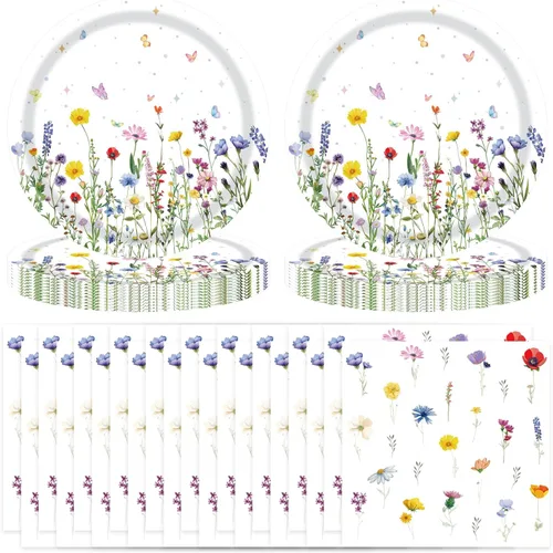 T-Antrix 40 piezas de platos y servilletas de flores silvestres, suministros de fiesta, juego de vajilla desechable floral de flores silvestres para