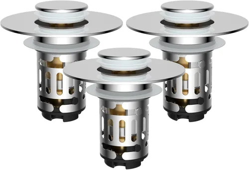 Miniatura 13 de Hibbent Colador de drenaje de lavabo de baño 3 en 1 mejorado, tapón universal desplegable con cesta de filtro de acero inoxidable extraíble atrapa