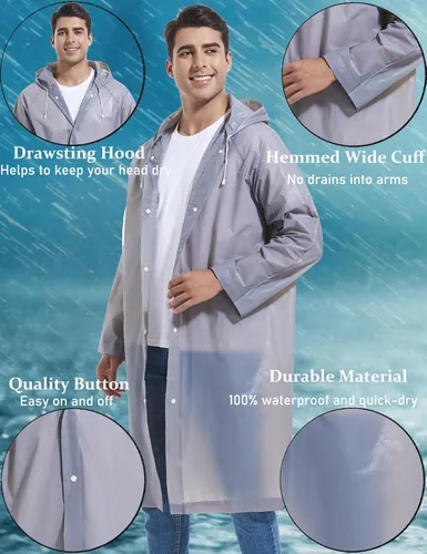 Miniatura 5 de 2 piezas de ponchos de lluvia reutilizables para adultos, abrigos de lluvia para adultos, chaquetas de lluvia, impermeables para hombres y mujeres