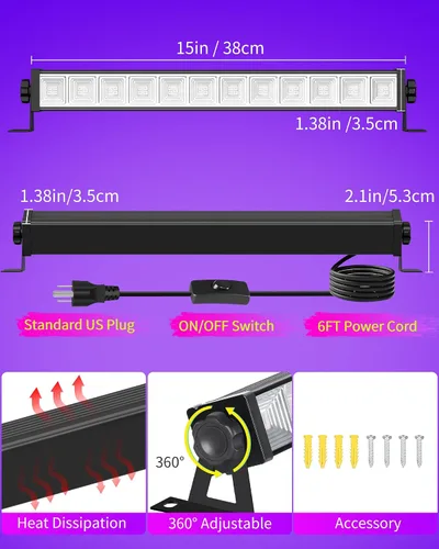 Miniatura 6 de Barra de luz negra de 45 W con cable de 6 pies + interruptor, cada una ilumina un área de 25x25 pies, luz de inundación LED de luz negra para neón