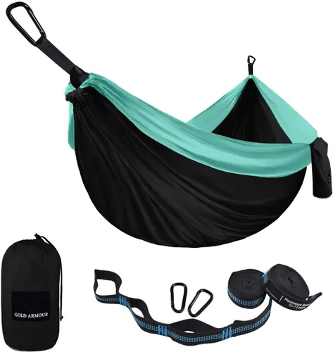Miniatura 15 de Gold Armour hamaca de campamento, de tela de paracaídas, de marca estadounidense, tamaño único, 2 correas para árbol, 10 trabillas/20 pies Gris/Azul