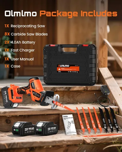 Miniatura 9 de Sierra recíproca inalámbrica con 8 hojas - 2 baterías de 4000 mAh, motor sin escobillas, velocidad variable 0-3200 SPM, cambio de hoja sin Naranja