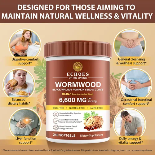 Miniatura 3 de Limpieza de clavo de nogal negro de ajenjo para humanos – Fórmula de apoyo digestivo y salud intestinal 18 en 1, 6600 mg por porción, 240 cápsulas