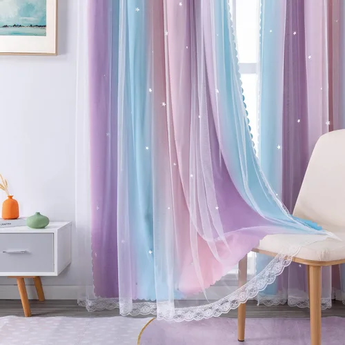 Miniatura 70 de XiDi Cortinas opacas con estrellas para habitaciones de niños, cortinas verdes para ventana de dormitorio de niños, azul y gris, 52 pulgadas de Azul
