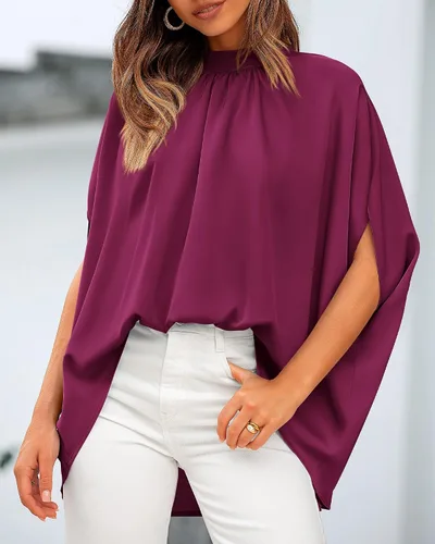 Miniatura 99 de BTFBM Blusas de verano para mujer, cuello alto falso, manga murciélago, holgadas, dobladillo alto y bajo, blusas informales de gran