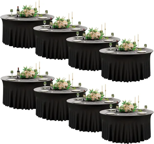 Miniatura 10 de Paquete de 2 manteles redondos negros de elastano de 60 pulgadas, sin arrugas, elásticos de 120 pulgadas, ajustables de 5 pies, manteles redondos