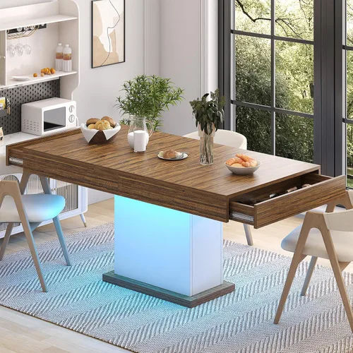 Miniatura 8 de Mesa de comedor con cajones para 4-6 personas, mesa de comedor de 55 pulgadas con luces LED, base de pedestal de madera, mesa de cocina rectangular