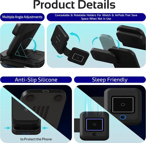 Miniatura 7 de Estación de carga inalámbrica 3 en 1 para múltiples dispositivos Apple, iPhone 17 16 15 14 13 12 11 Pro Max XS XR X 8 Plus, Apple Watch 9 8 7 6 5 4