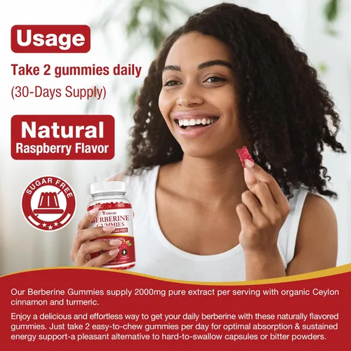 Miniatura 6 de Gomitas de berberina de 2000 mg con canela de Ceilán, suplemento orgánico de berberina HCL para mujeres y hombres, sin azúcar, veganas, sin OMG, sin