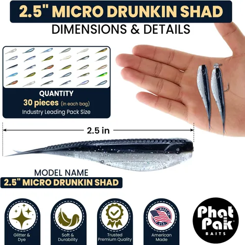 Miniatura 7 de Phat Pak Baits - Micro Drunkin Shad Tiny Fluke Style LiveScope FFS Soft Jerkbait 2.5" 30ct Soft Plastic BFS Bass Fishing Lure Yellow Perch
