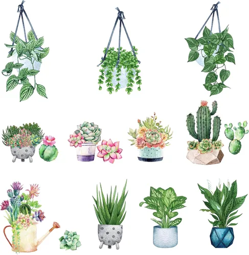 IARTTOP Calcomanía de pared de plantas en maceta de primavera, flores verdes, plantas en maceta, calcomanías de pared para colgar plantas en macetas