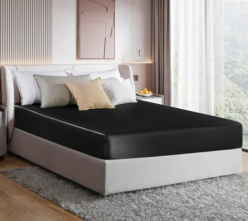 Miniatura 2 de MILVOWOC Sábana bajera ajustable de satén tamaño King - Sábana de cama de fondo suave negro, 1 pieza