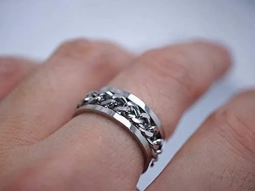 Miniatura 4 de Spinner Ring Men, Silver Braided Band for Wedding,Custom Engraved Stainless Steel, Inlay Chain, Gift for Him