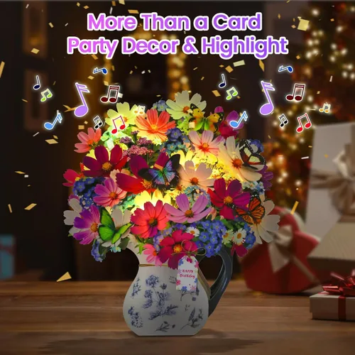 Miniatura 4 de Tarjetas de cumpleaños CUISH, tarjeta de feliz cumpleaños con luz y música, Cosmos Margarita No me Olvides, tarjeta de regalo de ramo de flores 3D