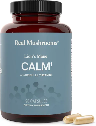 Real Mushrooms Calm Lions Mane Cápsulas (90 unidades) – 400 mg extractos corporales fructíferos de melena de león orgánicos, 200 mg de Reishi