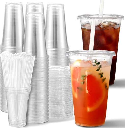 AOZITA Paquete de 100 vasos de plástico transparente de 24 onzas con tapas y pajitas, tazas de café helado resistentes y seguras para alimentos con