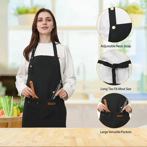 Miniatura 4 de Paquete de 2 delantales de cocina ajustables para mujeres y hombres con bolsillos, delantal de trabajo, parrilla, restaurante