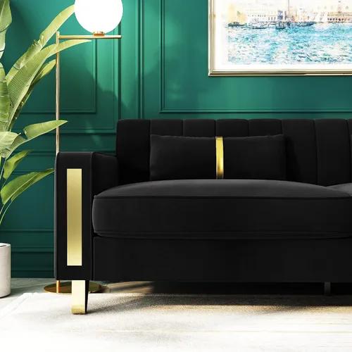 Miniatura 5 de Sofá cama modular de tela de terciopelo de 85.62 pulgadas, 3 asientos, fácil de montar con 2 almohadas de sofá, patas de metal dorado para sala