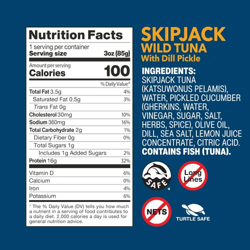 Miniatura 2 de Wild Planet Atún salvaje con pescado enlatado de eneldo y pepinillo, atún enlatado, capturado de forma sostenible, paquete de 12 unidades de 3 onzas
