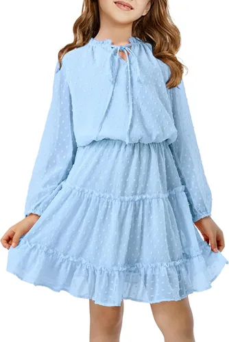 DONWEN Vestido de punto suizo para niña, manga larga, vestido de gasa fluido, vestido de primavera y verano, con lazo frontal, vestidos casuales