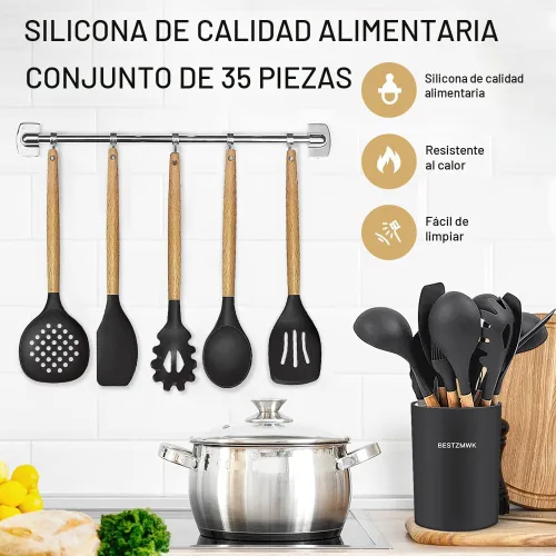 Miniatura 3 de Juego de utensilios de cocina - 35 piezas de utensilios de cocina con rallador, pinzas, cuchara, espátula y volteador hechos de silicona de grado