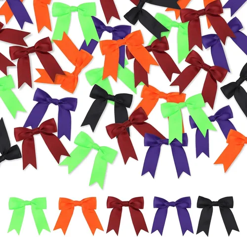 Miniatura 9 de Meseey 50 lazos de satén prefabricados para Halloween con lazo giratorio de 3.5 pulgadas, lazos para bolsas de golosinas para Halloween, coronas