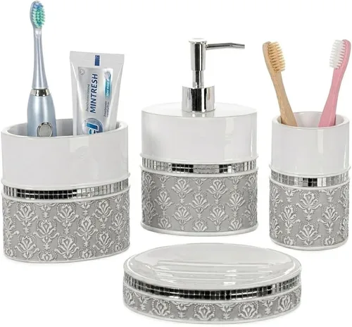 Creative Scents Juego completo de accesorios de baño de damasco de espejo, juego de baño decorativo de 4 piezas blanco y gris incluye: dispensador