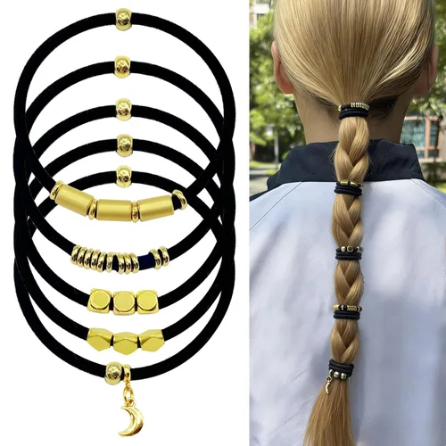 Hair Tie Bracelets for Women – Handmade Elastic Ponytail Holders with Gold Beads, Cute No-Damage Hair Bands for Thick, Thin & Curly Hair, Black 5