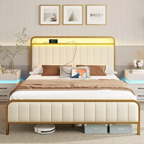 Miniatura 8 de Rolanstar Estructura de cama tamaño completo con luz LED y estación de carga, cabecera y pie de cama tapizados, listones de metal, sin ruido, fácil