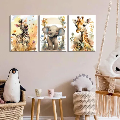 Miniatura 6 de Juego de 3 Arte de Pared de Animales del Bosque, Lienzo de Decoración de Pared con Imágenes de Animales Salvajes para Guardería, Lindo Póster