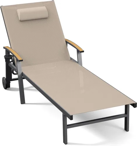 Miniatura 52 de Ciokea Sillón para exteriores con almohada, tumbona de aluminio de 5 posiciones con ruedas y reposabrazos, silla de piscina resistente de 400 libras